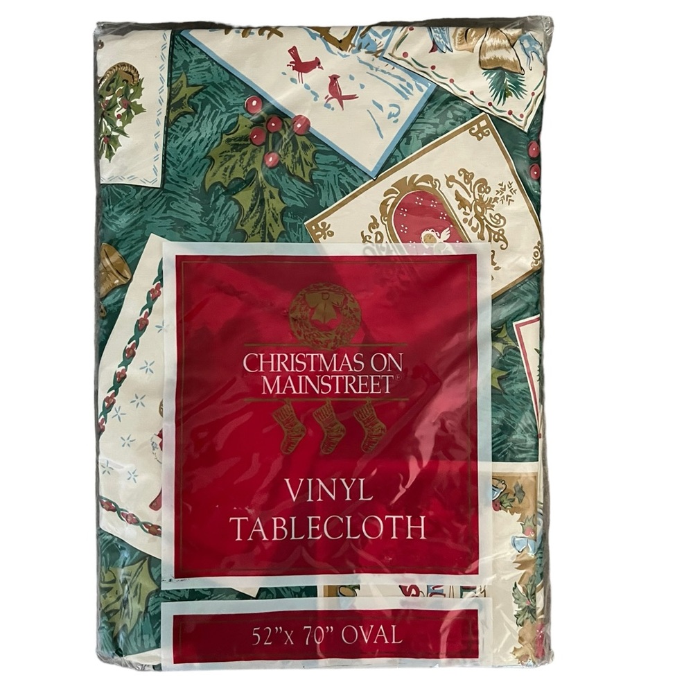 Vintage Christmas On Main Street 52”x70” Oval Vinyl Tablecloth Holly Santa NEW